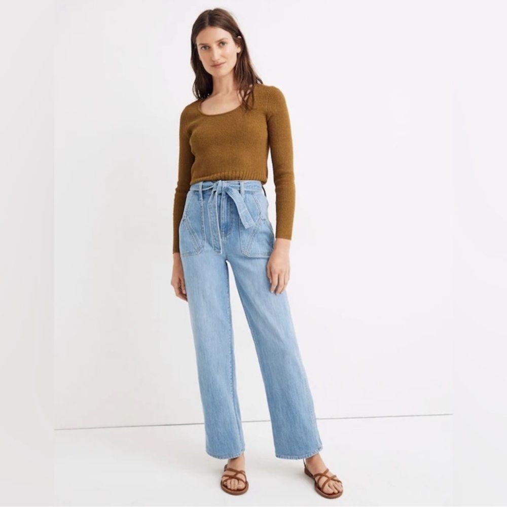 Madewell X warm wide leg high waisted jeans with a tie belt light wash 29
